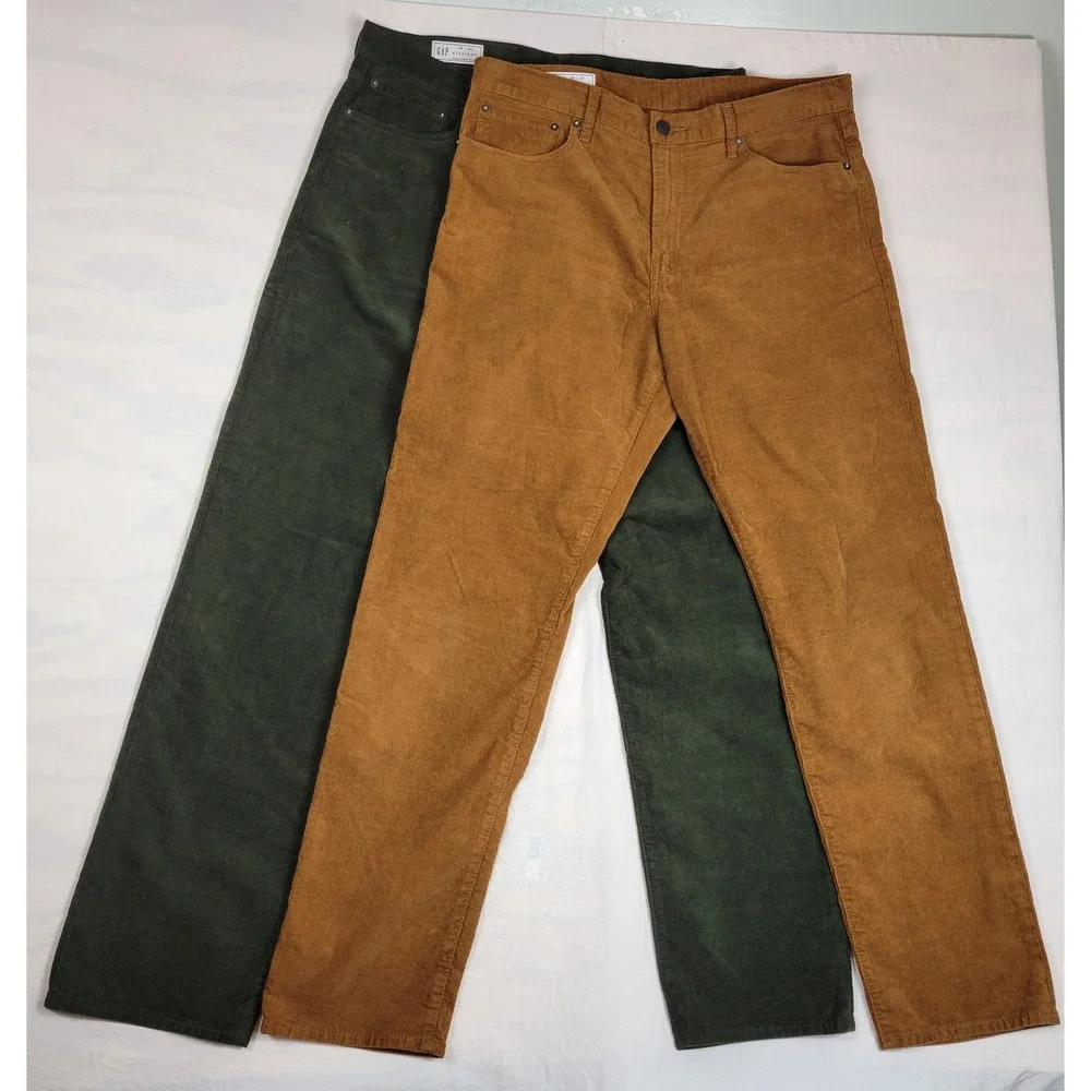 Lot of 2 Gap Straight Fit Corduroy Pants Mens 36x33 Green Brown 455404-00 02